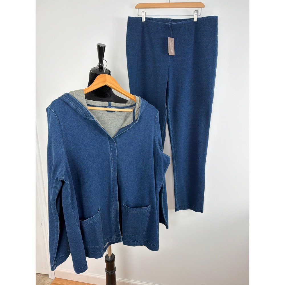 J. Jill Pure Jill Indigo Cotton Hooded Jacket & Slim Leg Pants Set L Blue Fogg